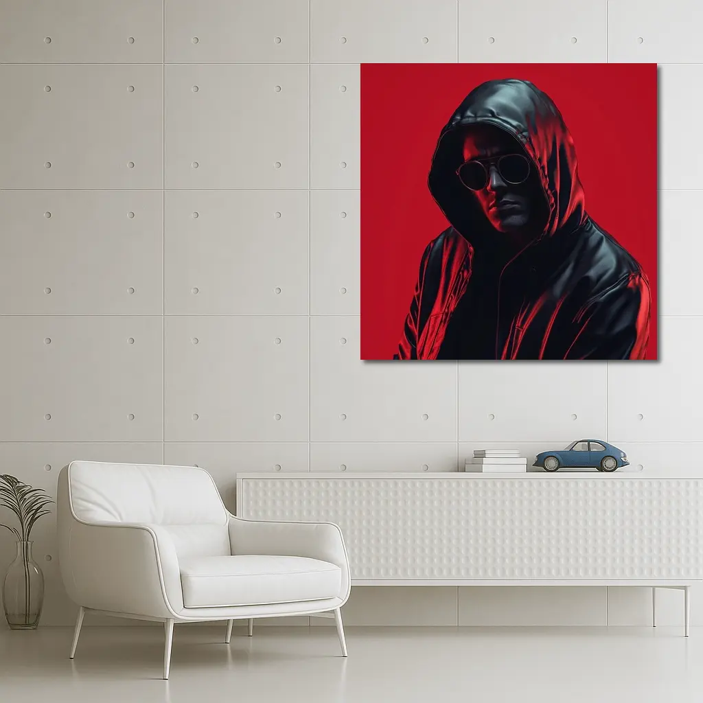 Hooded Man Black Leather Jacket Red Background – Wall Art