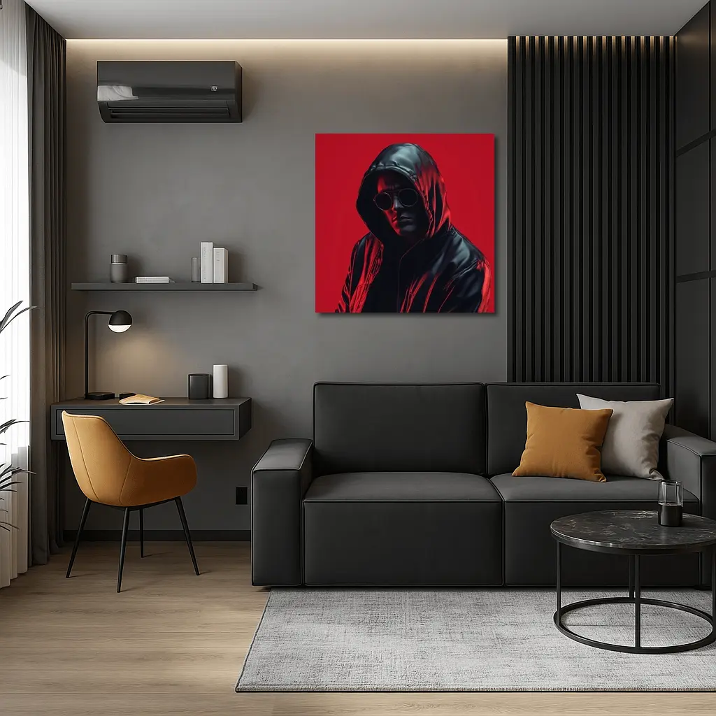 Hooded Man Black Leather Jacket Red Background – Wall Art