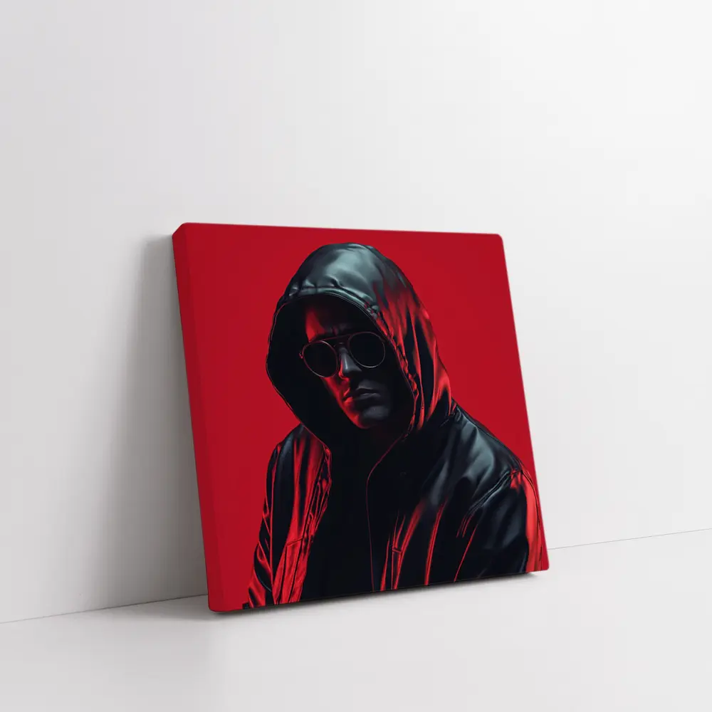 Hooded Man Black Leather Jacket Red Background – Wall Art