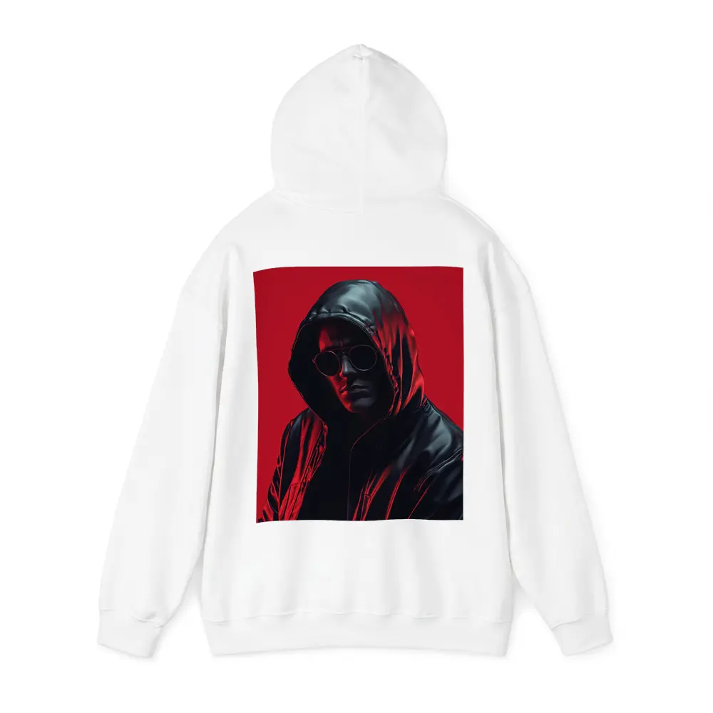 Hooded Man Black Leather Jacket Red Background – Hoodies