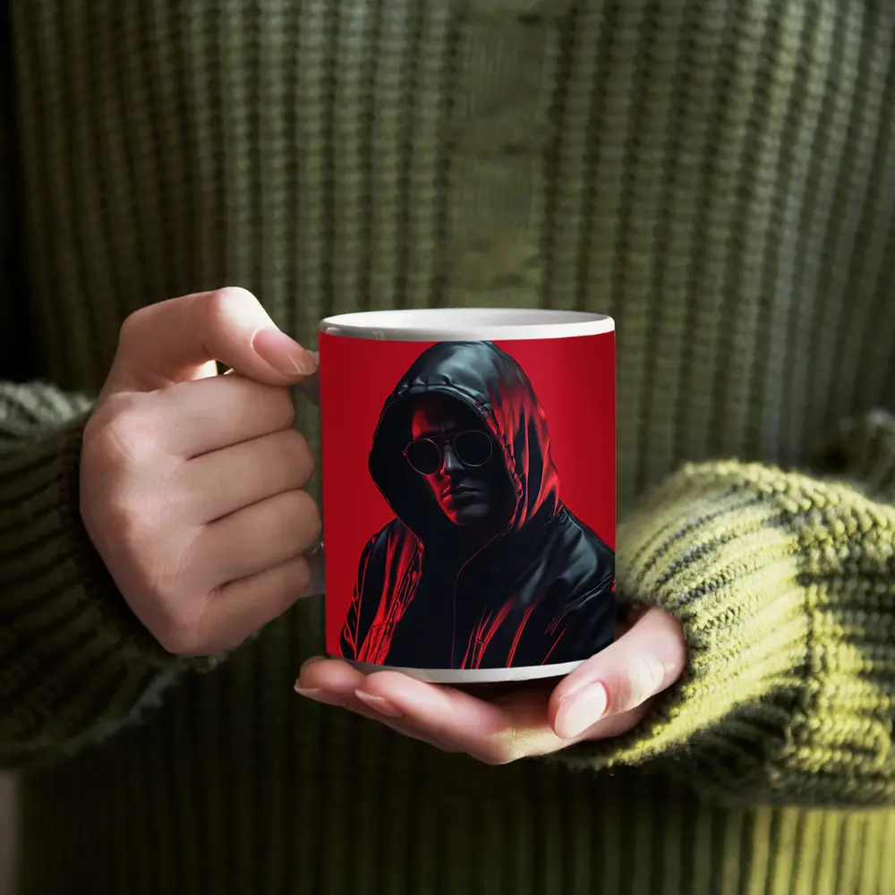 Hooded Man Black Leather Jacket Red Background – Mugs