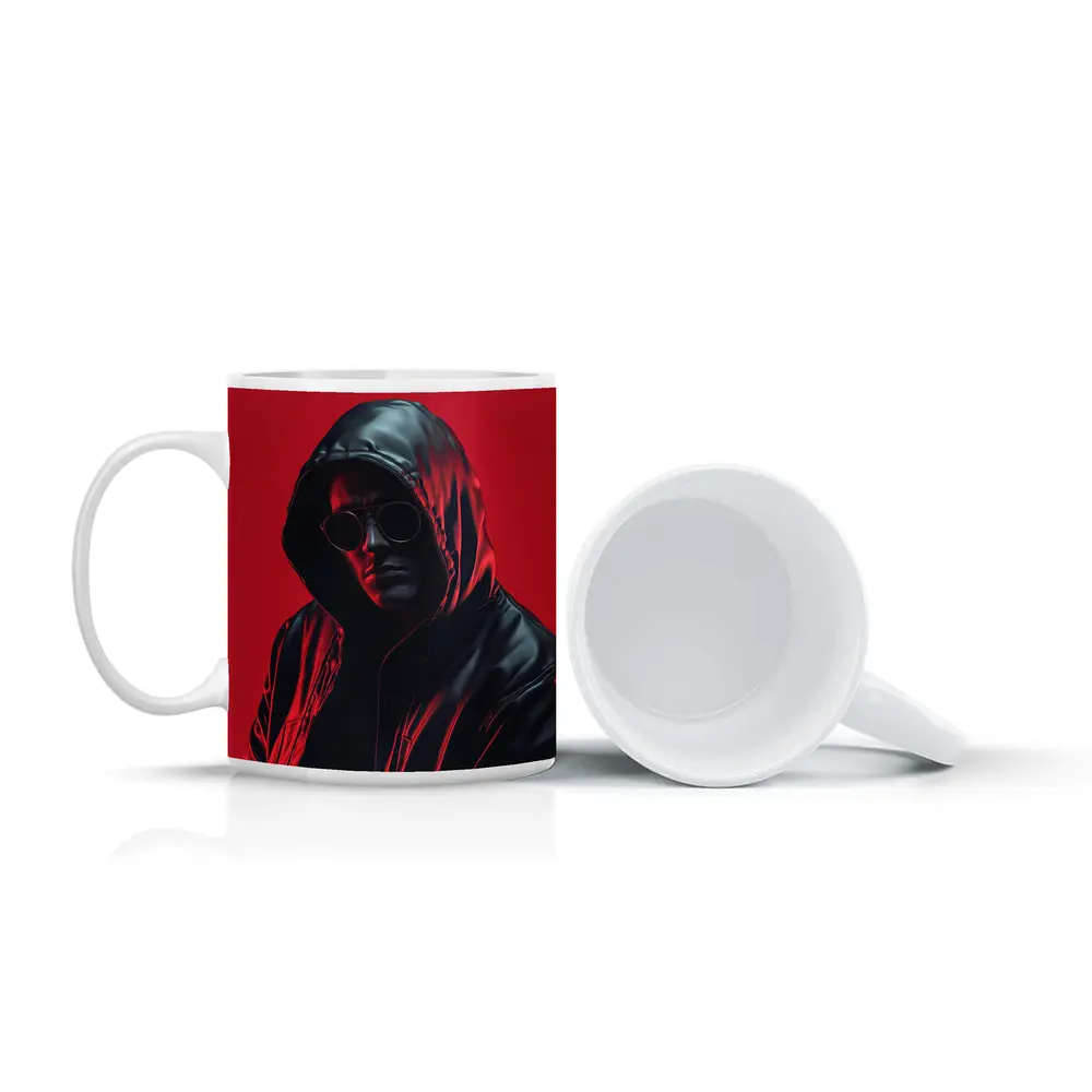 Hooded Man Black Leather Jacket Red Background – Mugs