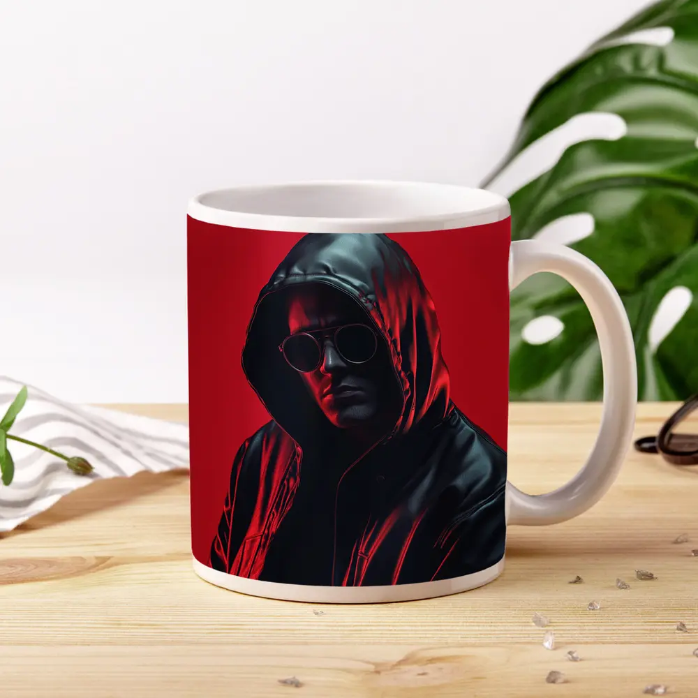 Hooded Man Black Leather Jacket Red Background – Mugs