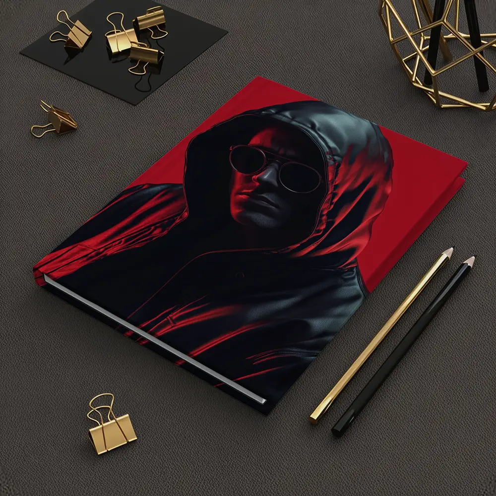 Hooded Man Black Leather Jacket Red Background – Notebooks