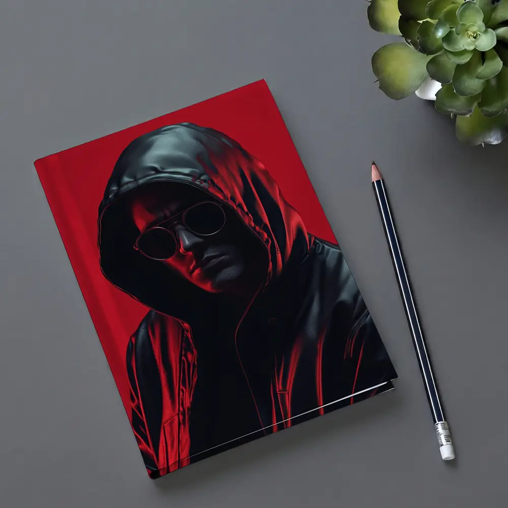 Hooded Man Black Leather Jacket Red Background – Notebooks