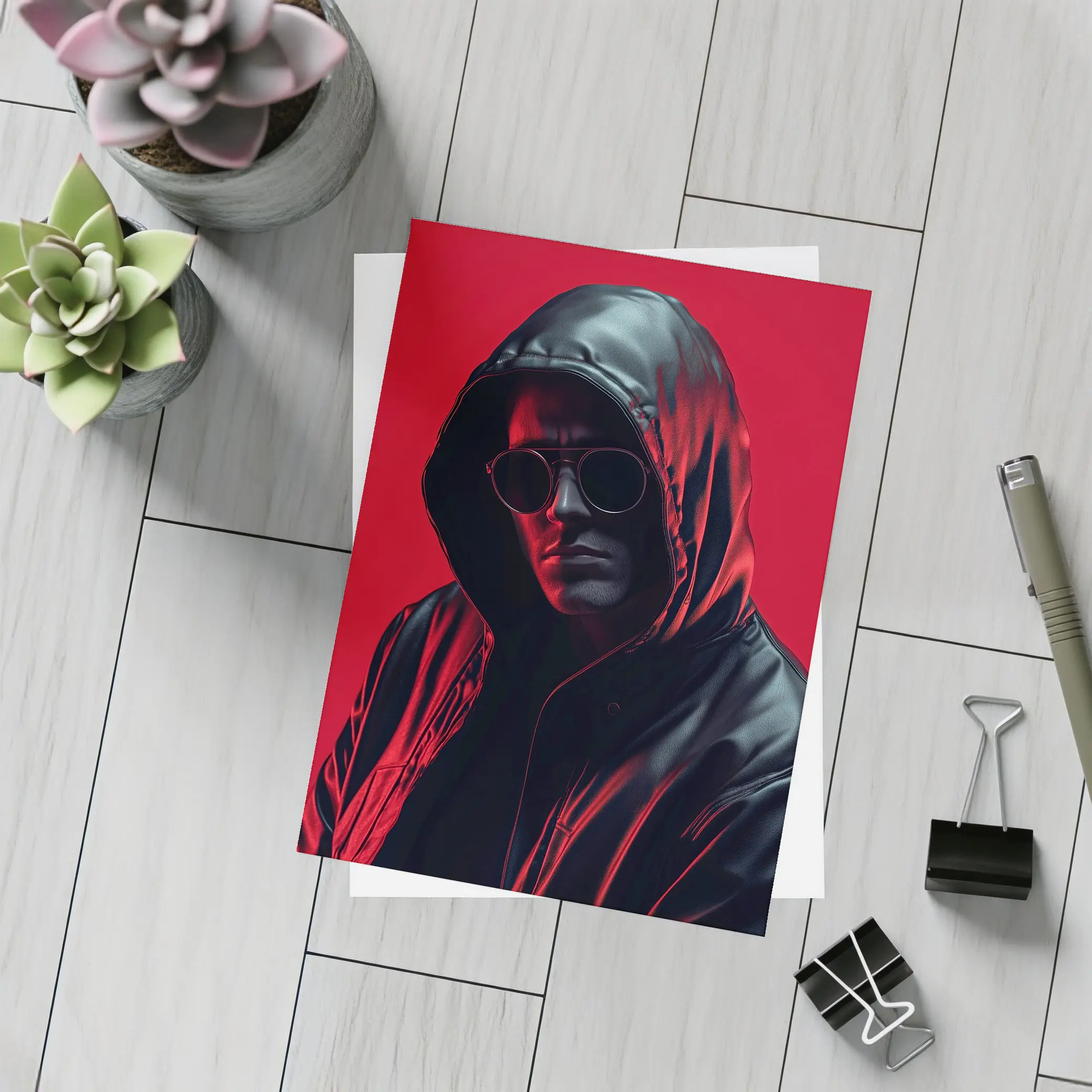 Hooded Man Black Leather Jacket Red Background – Postcards