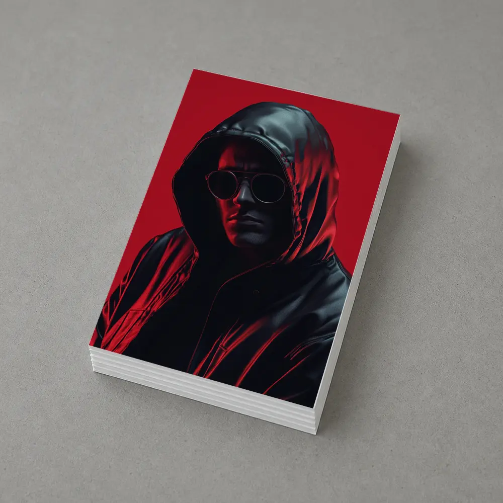 Hooded Man Black Leather Jacket Red Background – Postcards