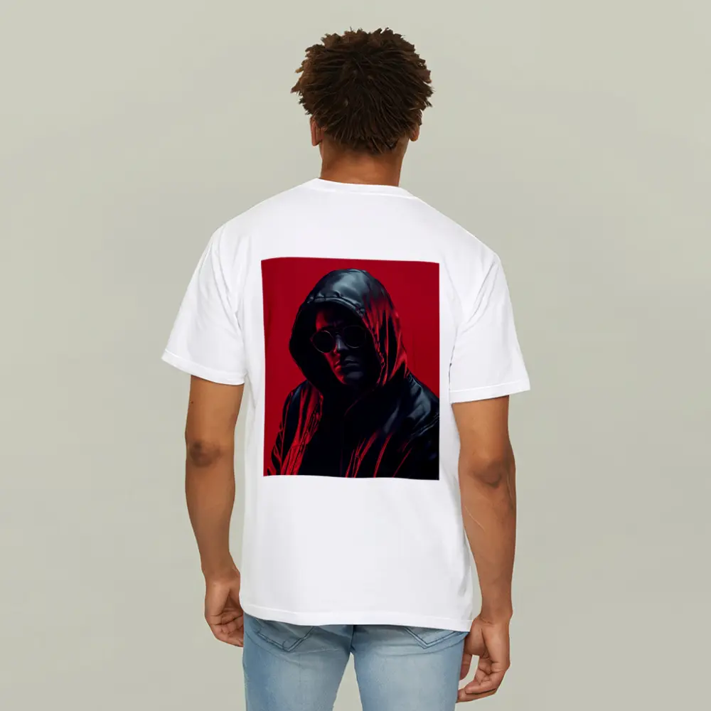 Hooded Man Black Leather Jacket Red Background – T-Shirts
