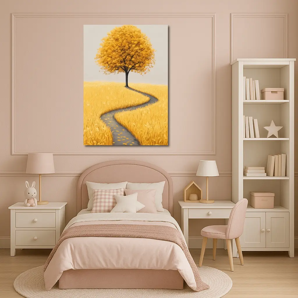 Golden Tree Winding Path Yellow Field – Wall Art