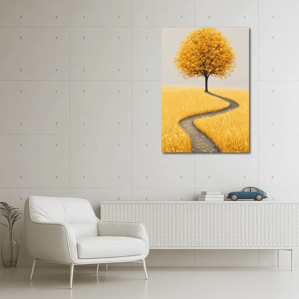 Golden Tree Winding Path Yellow Field – Wall Art