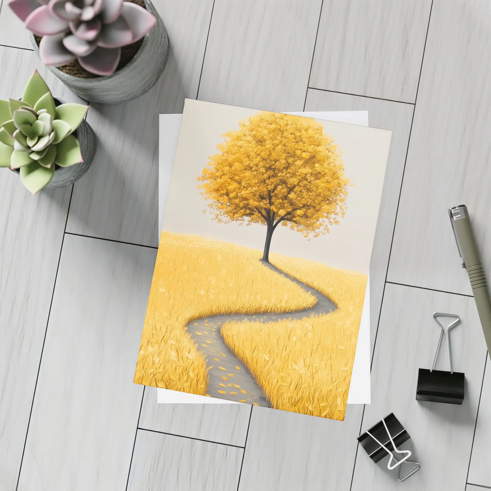 Golden Tree Winding Path Yellow Field – Postcards
