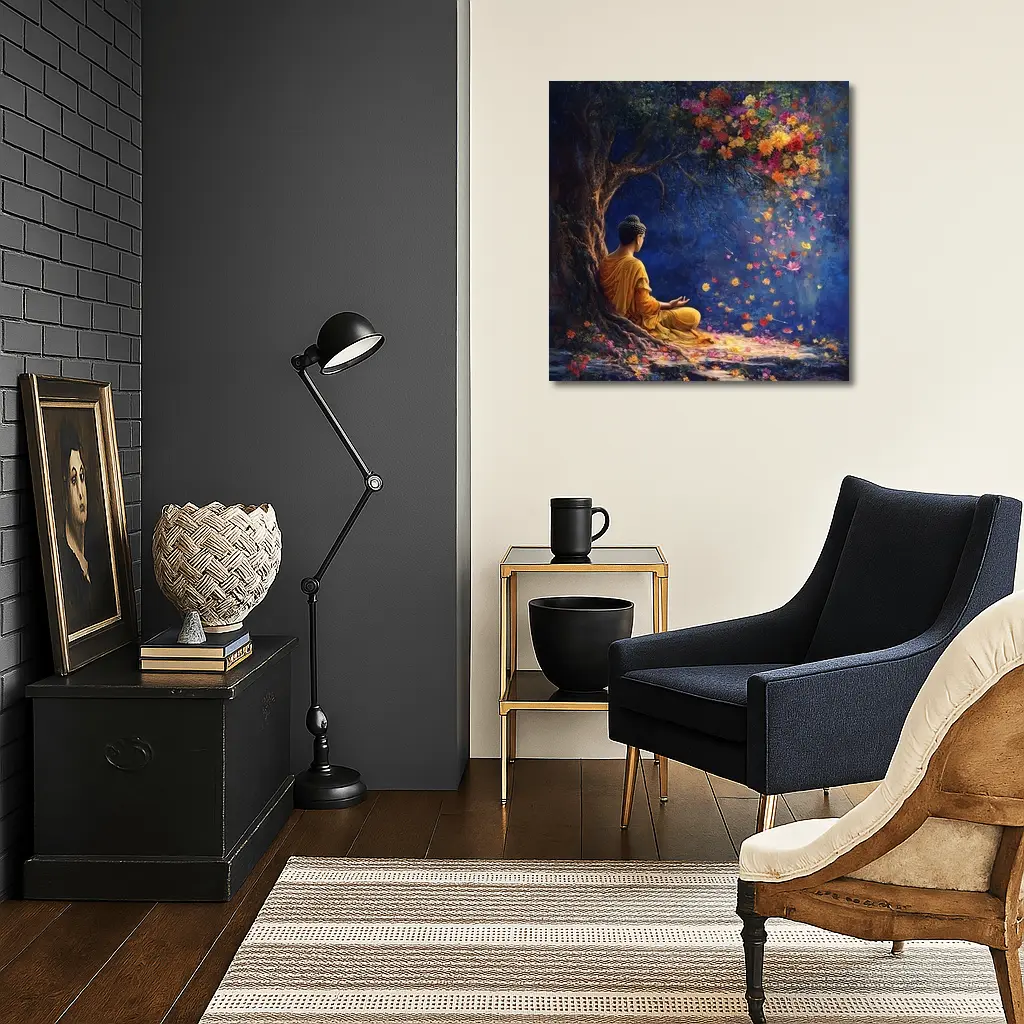 Buddha Meditating Under Flowering Tree Painting – Wall Art