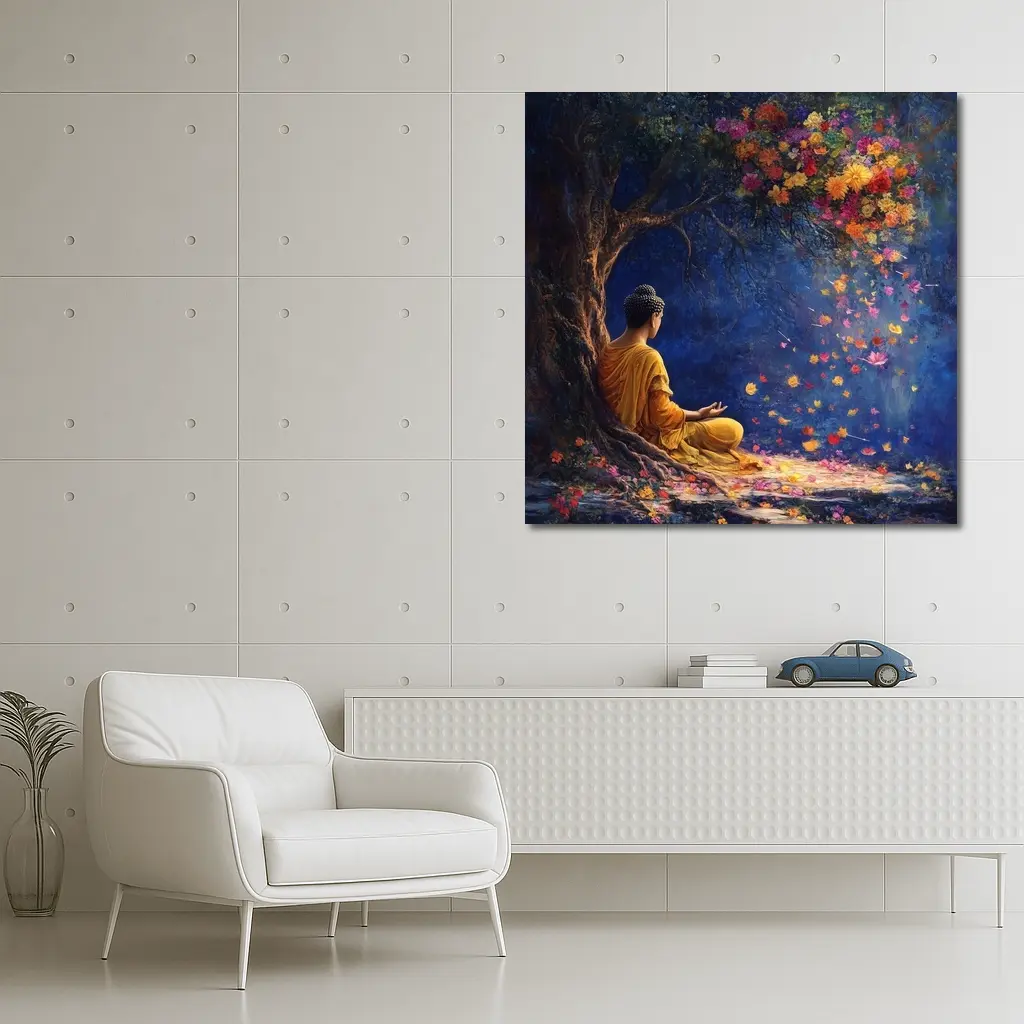 Buddha Meditating Under Flowering Tree Painting – Wall Art