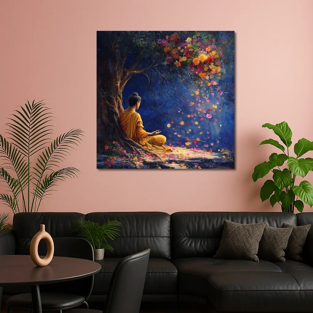 Buddha Meditating Under Flowering Tree Painting – Wall Art