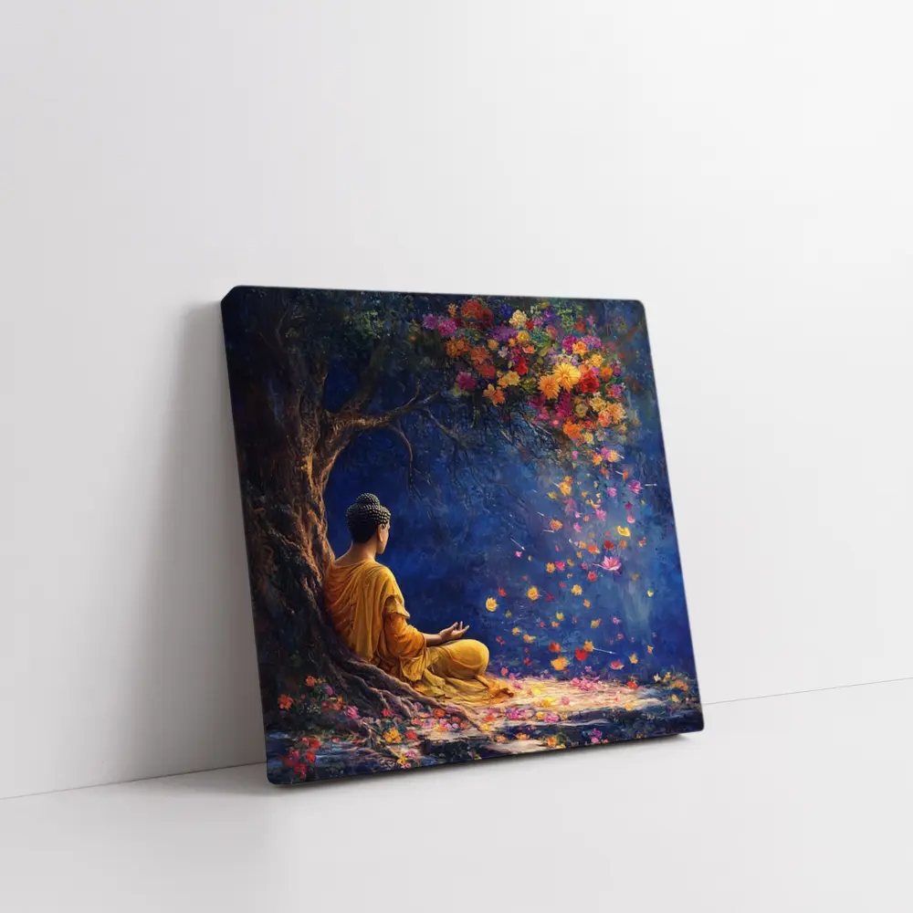 Buddha Meditating Under Flowering Tree Painting – Wall Art