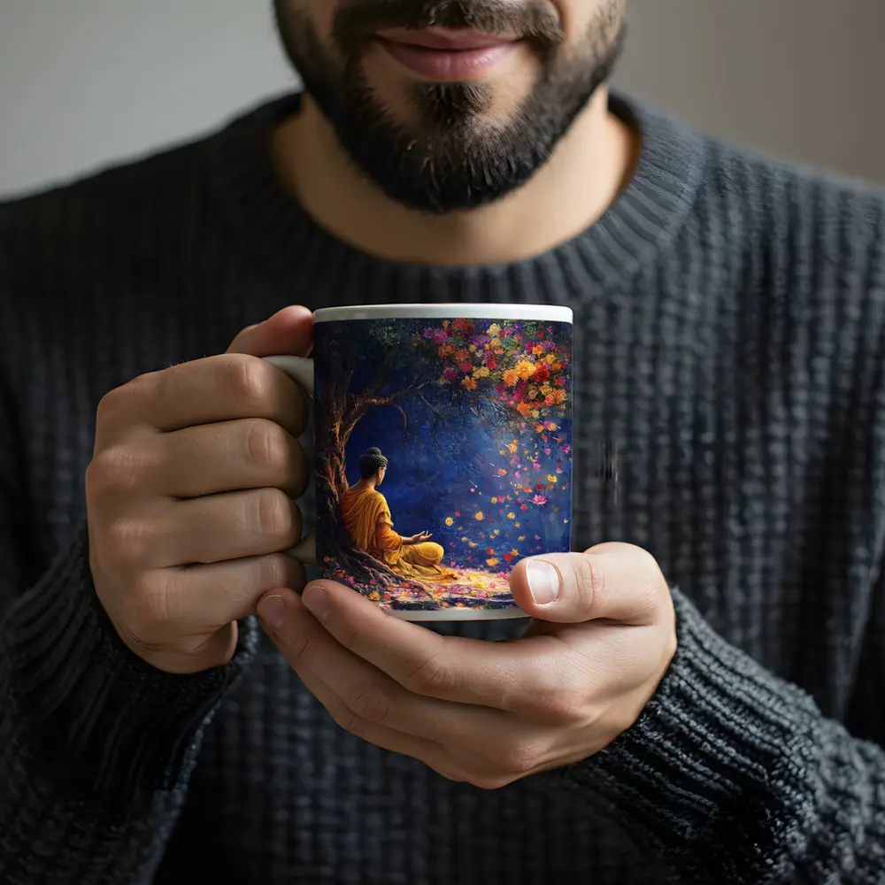Buddha Meditating Under Flowering Tree Painting – Mugs