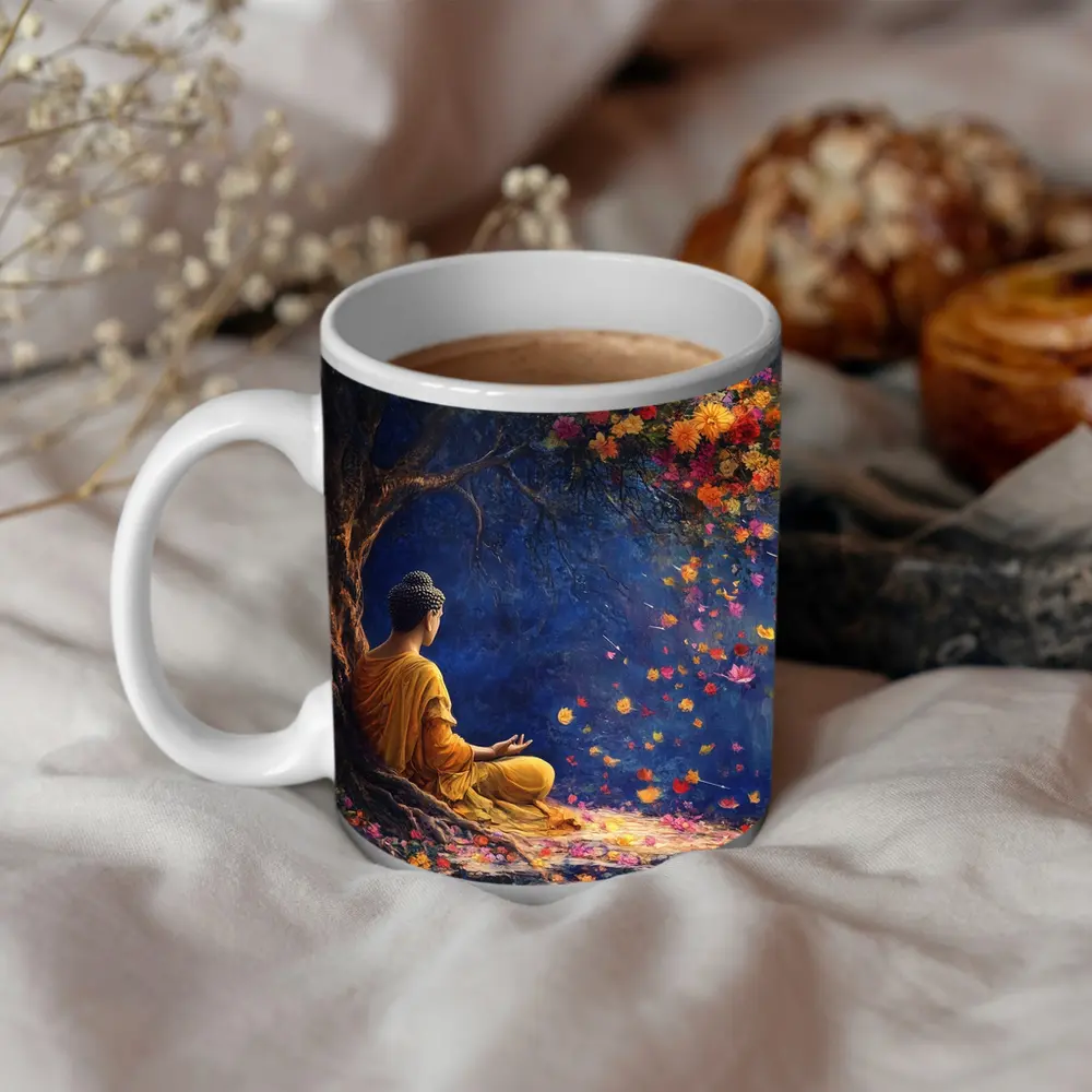 Buddha Meditating Under Flowering Tree Painting – Mugs