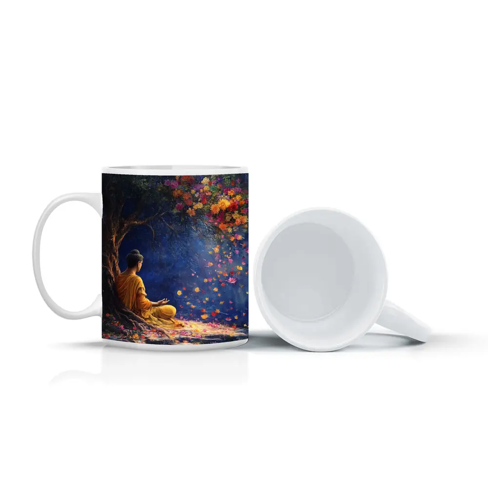 Buddha Meditating Under Flowering Tree Painting – Mugs