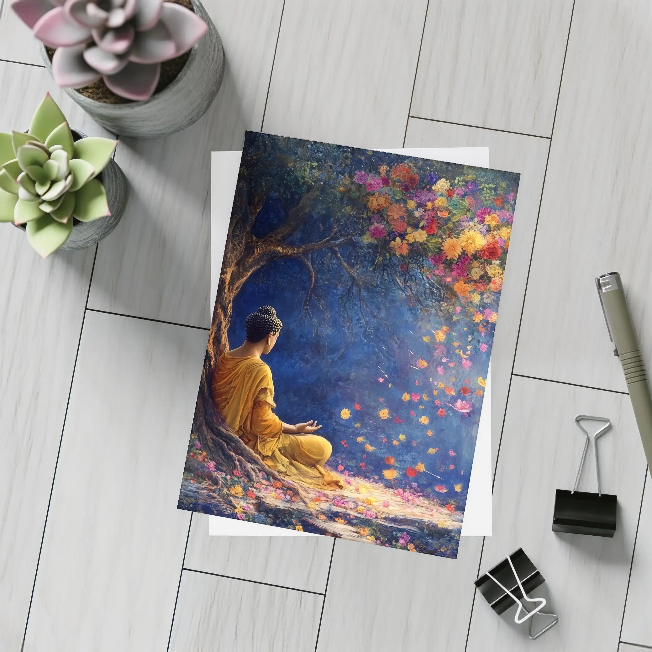Buddha Meditating Under Flowering Tree Painting – Postcards