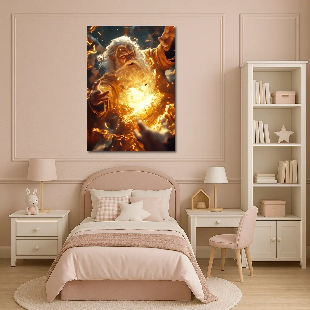 Ancient Wizard Casting Golden Fire Magic – Wall Art