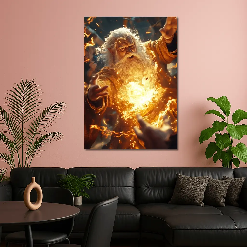Ancient Wizard Casting Golden Fire Magic – Wall Art