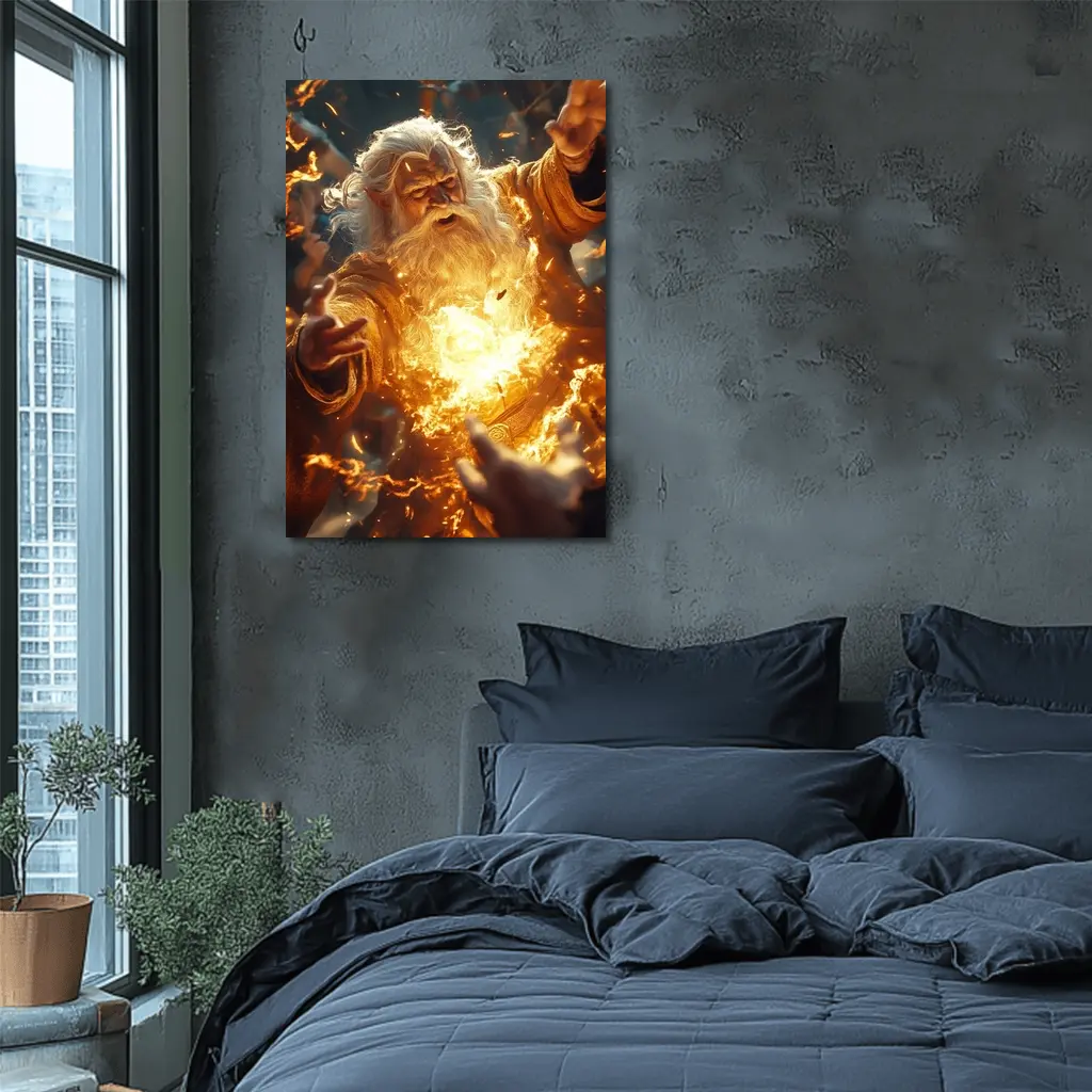 Ancient Wizard Casting Golden Fire Magic – Wall Art