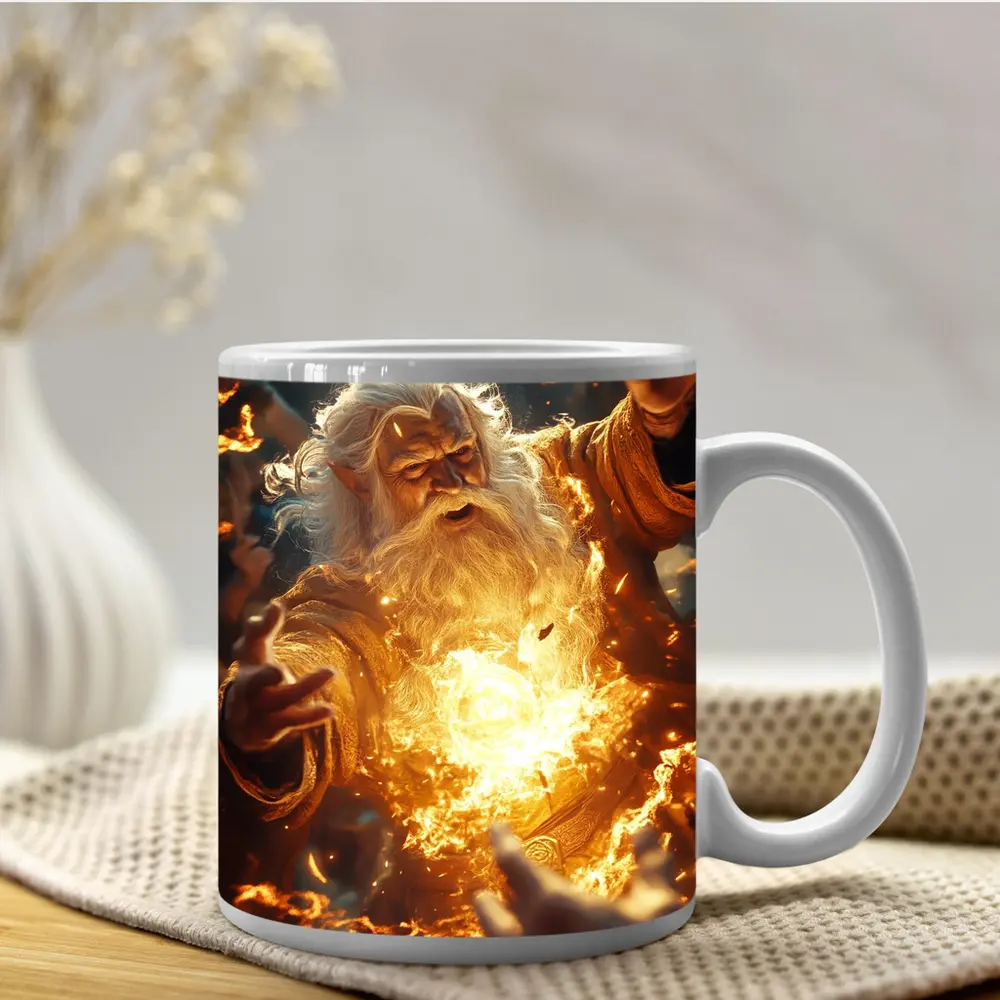 Ancient Wizard Casting Golden Fire Magic – Mugs