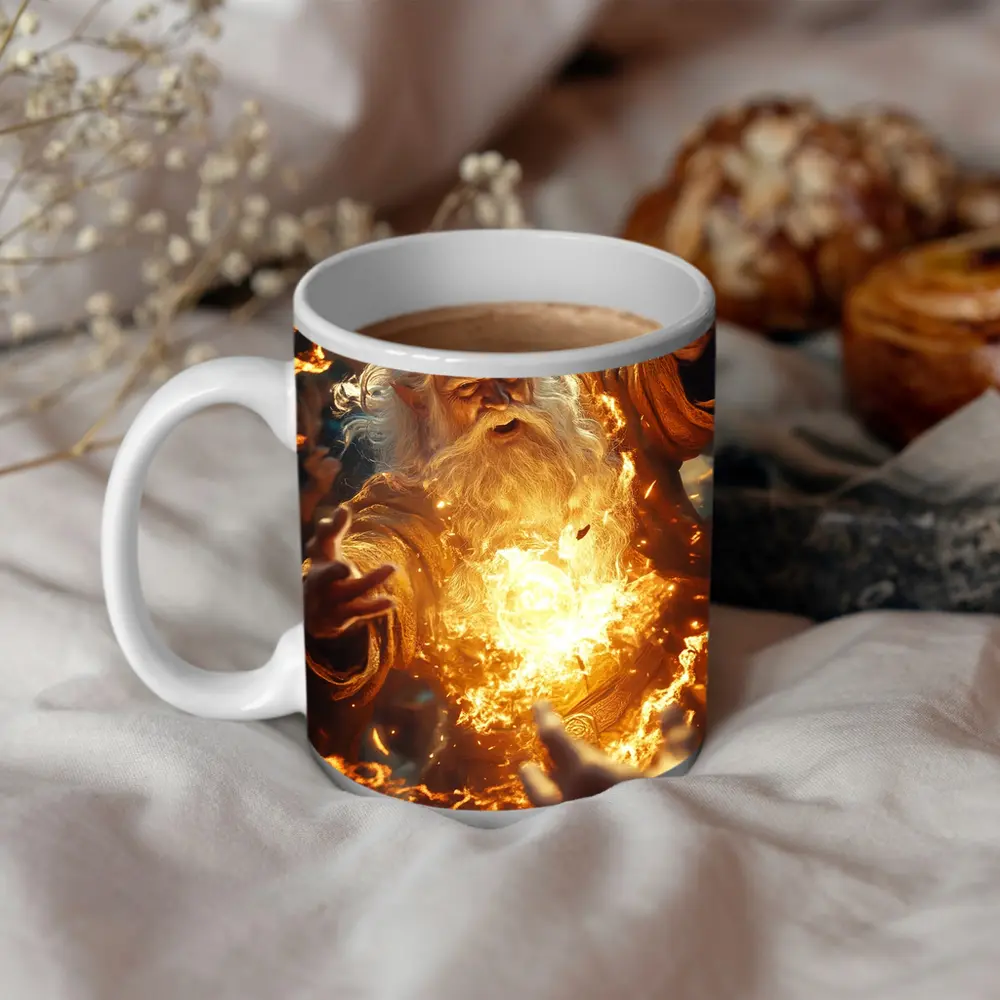 Ancient Wizard Casting Golden Fire Magic – Mugs