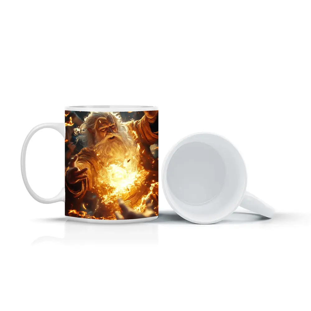 Ancient Wizard Casting Golden Fire Magic – Mugs