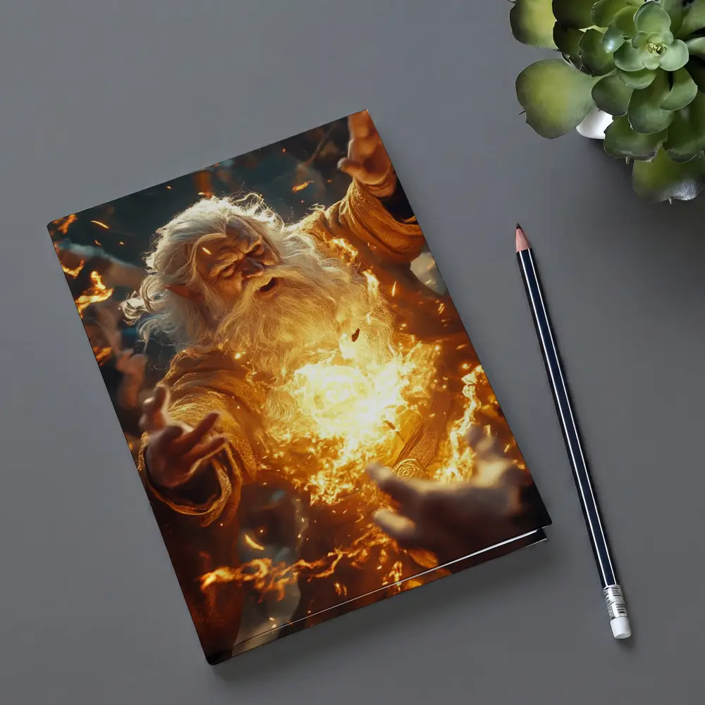 Ancient Wizard Casting Golden Fire Magic – Notebooks