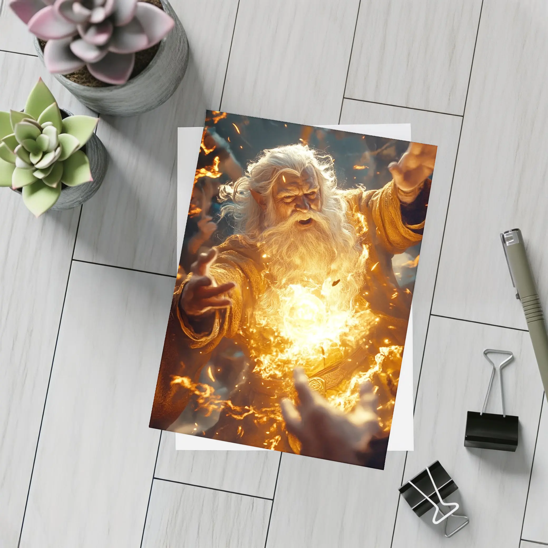 Ancient Wizard Casting Golden Fire Magic – Postcards
