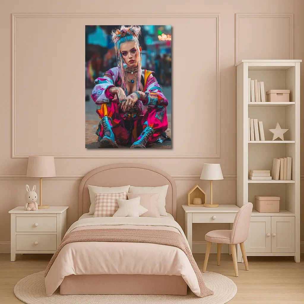 Cyberpunk Street Fashion Girl Urban Scene – Wall Art