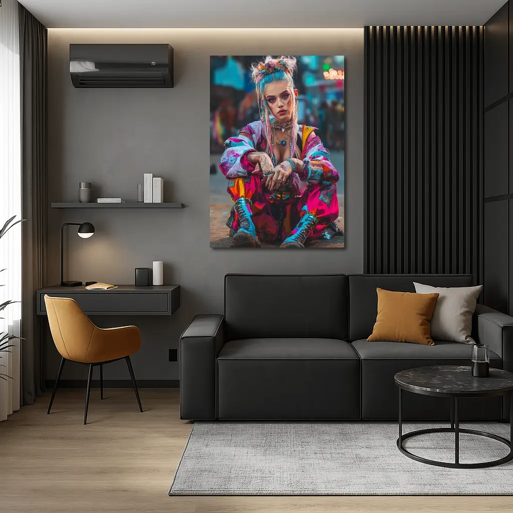 Cyberpunk Street Fashion Girl Urban Scene – Wall Art