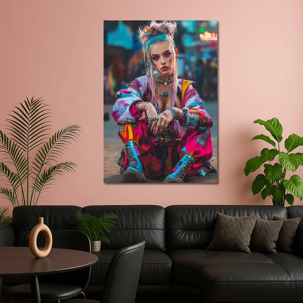 Cyberpunk Street Fashion Girl Urban Scene – Wall Art
