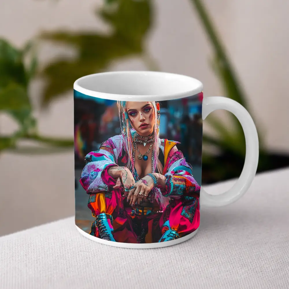 Cyberpunk Street Fashion Girl Urban Scene – Mugs