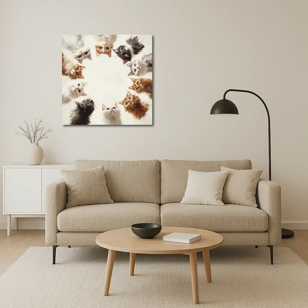 Fluffy Kittens Circle Oil Painting Art – Wall Art