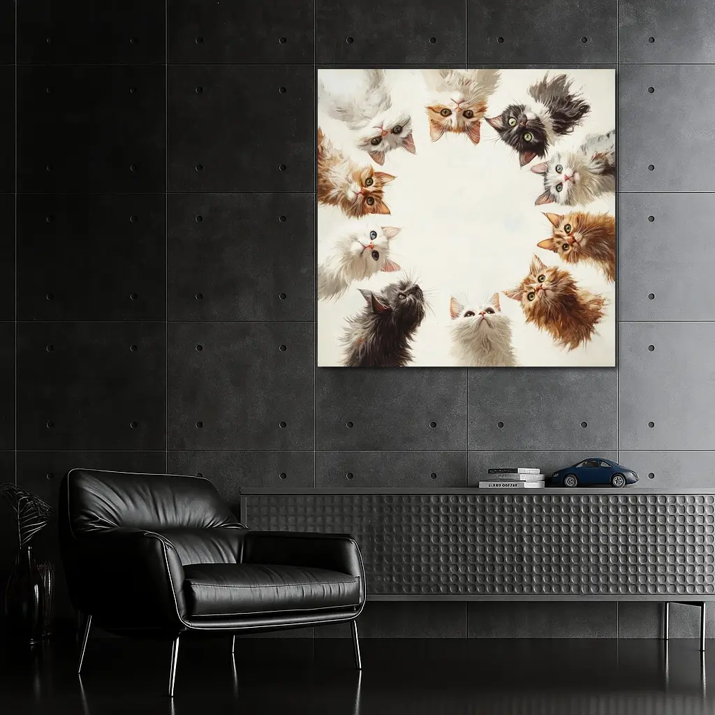 Fluffy Kittens Circle Oil Painting Art – Wall Art