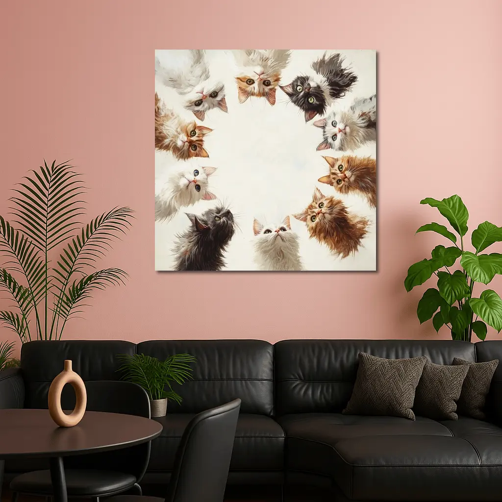Fluffy Kittens Circle Oil Painting Art – Wall Art