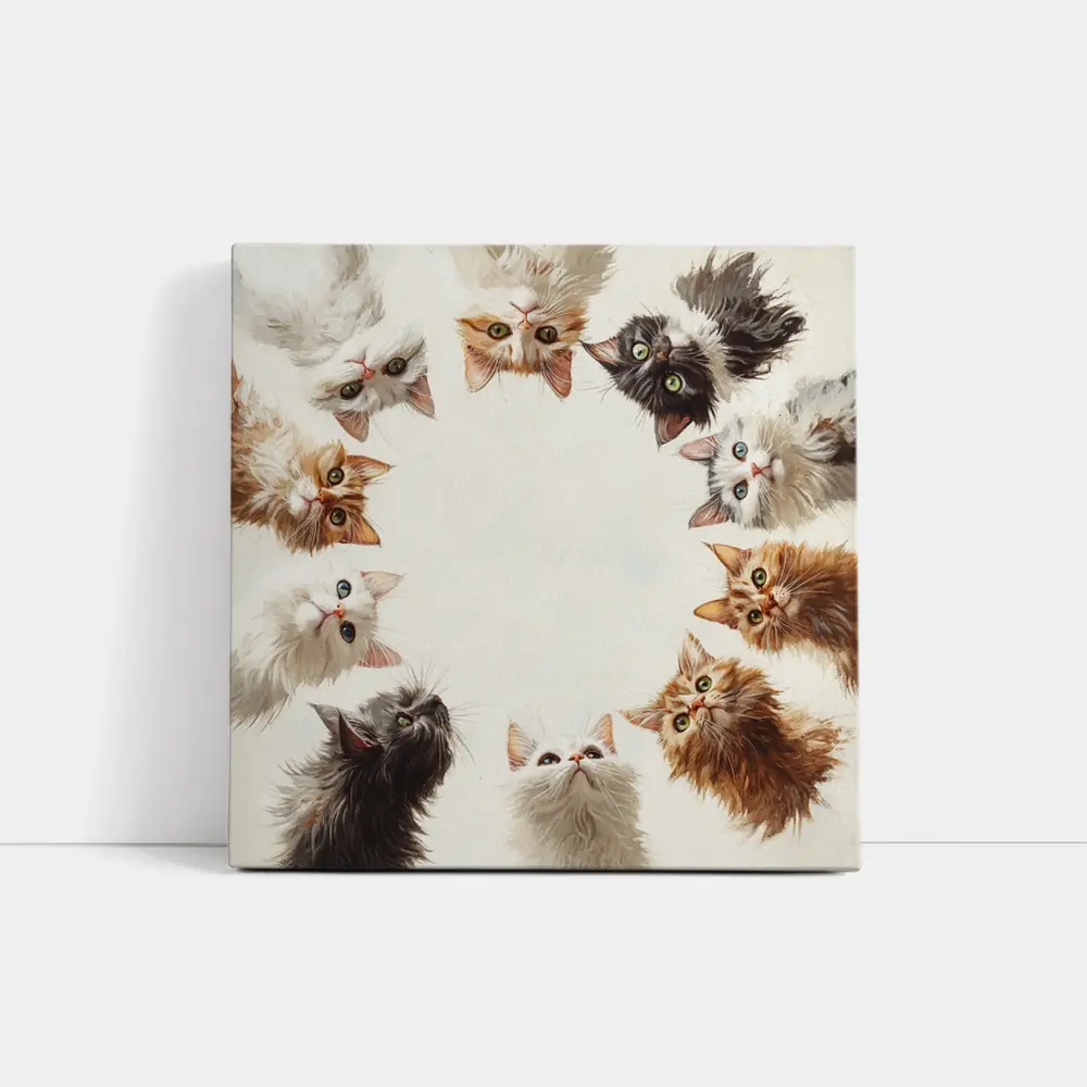 Fluffy Kittens Circle Oil Painting Art – Wall Art