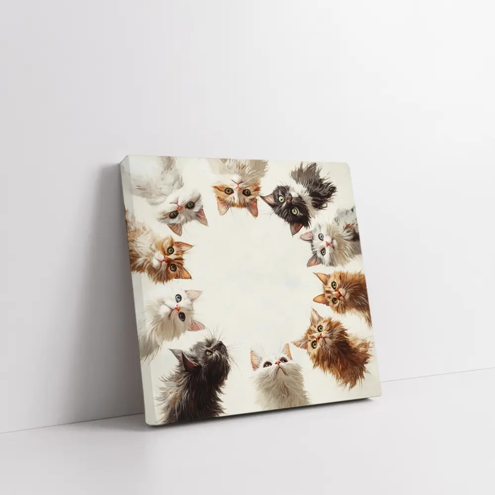 Fluffy Kittens Circle Oil Painting Art – Wall Art