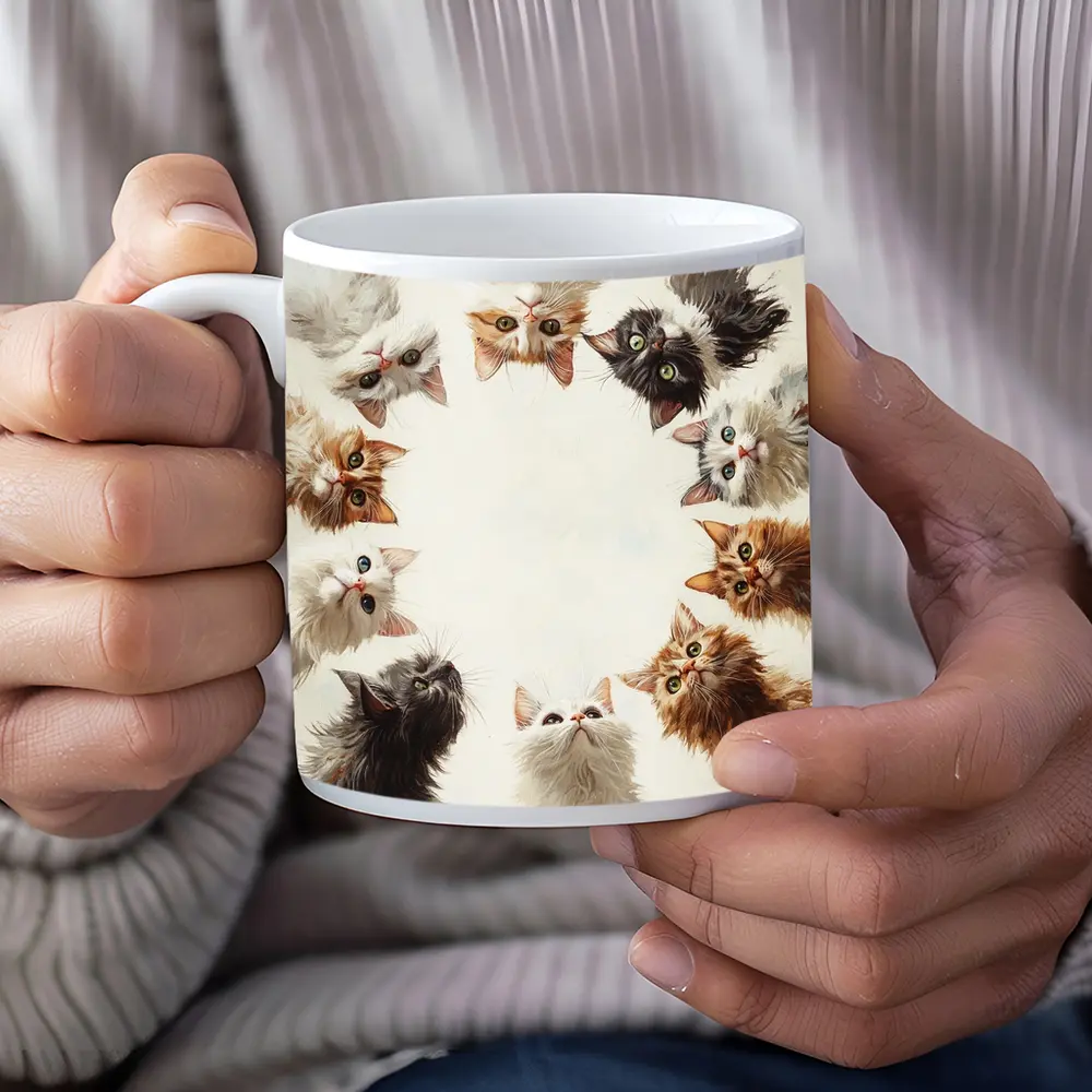 Fluffy Kittens Circle Oil Painting Art – Mugs