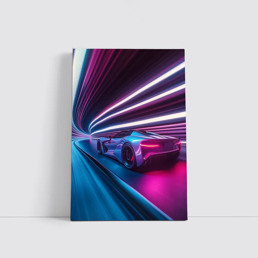 Supercar Speeding Through Neon Light Tunnel – Wall Art