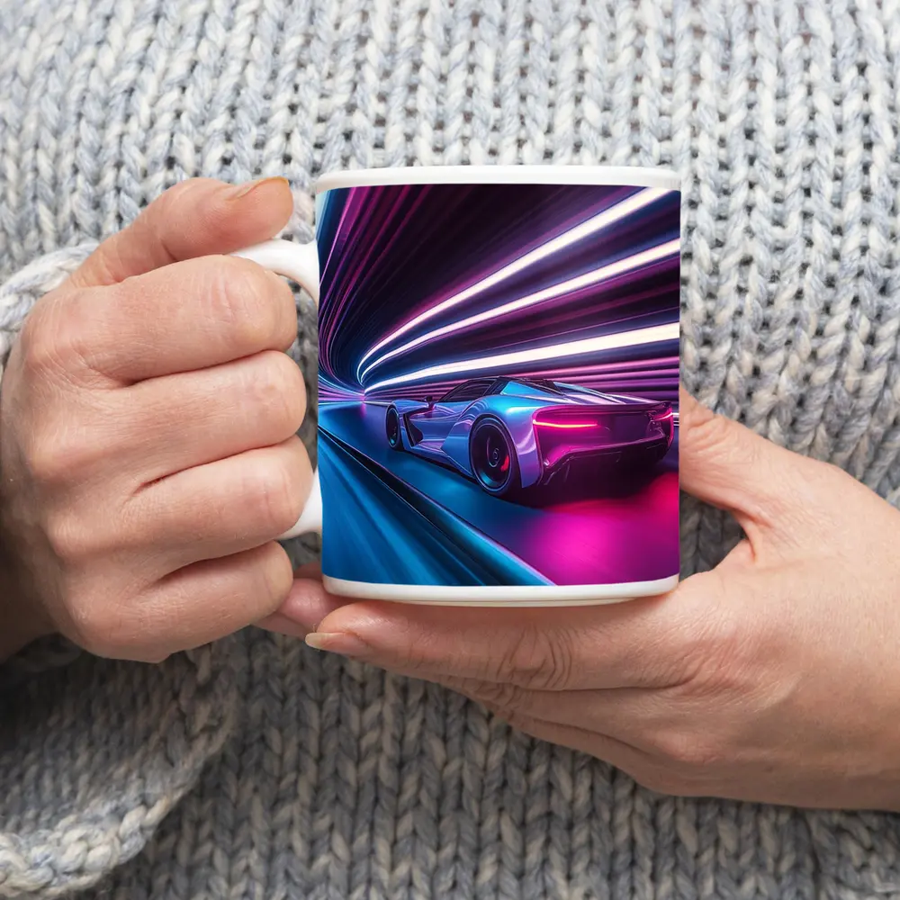 Supercar Speeding Through Neon Light Tunnel – Mugs