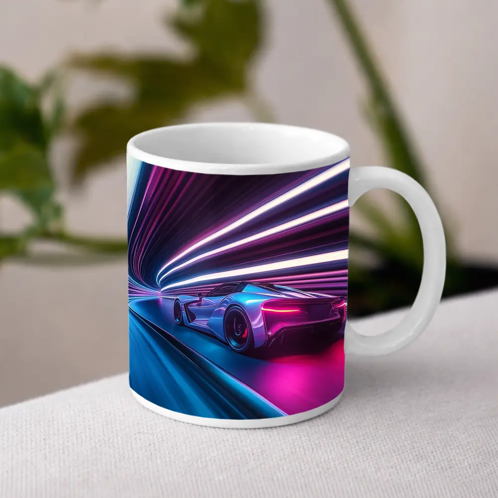 Supercar Speeding Through Neon Light Tunnel – Mugs
