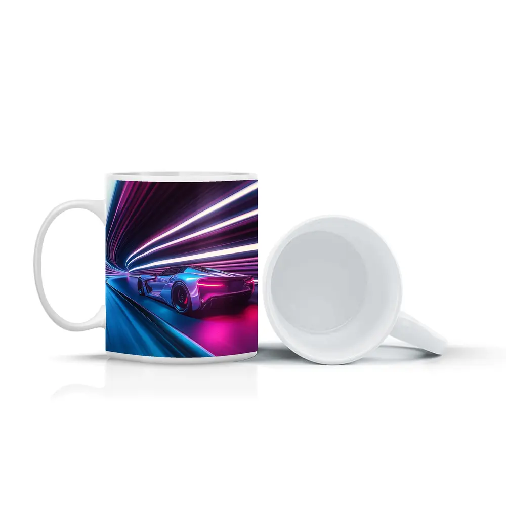 Supercar Speeding Through Neon Light Tunnel – Mugs