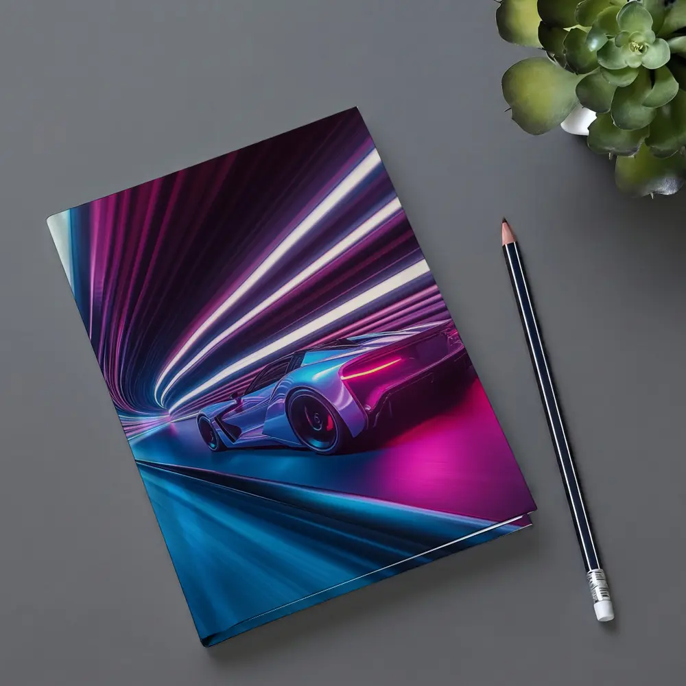 Supercar Speeding Through Neon Light Tunnel – Notebooks