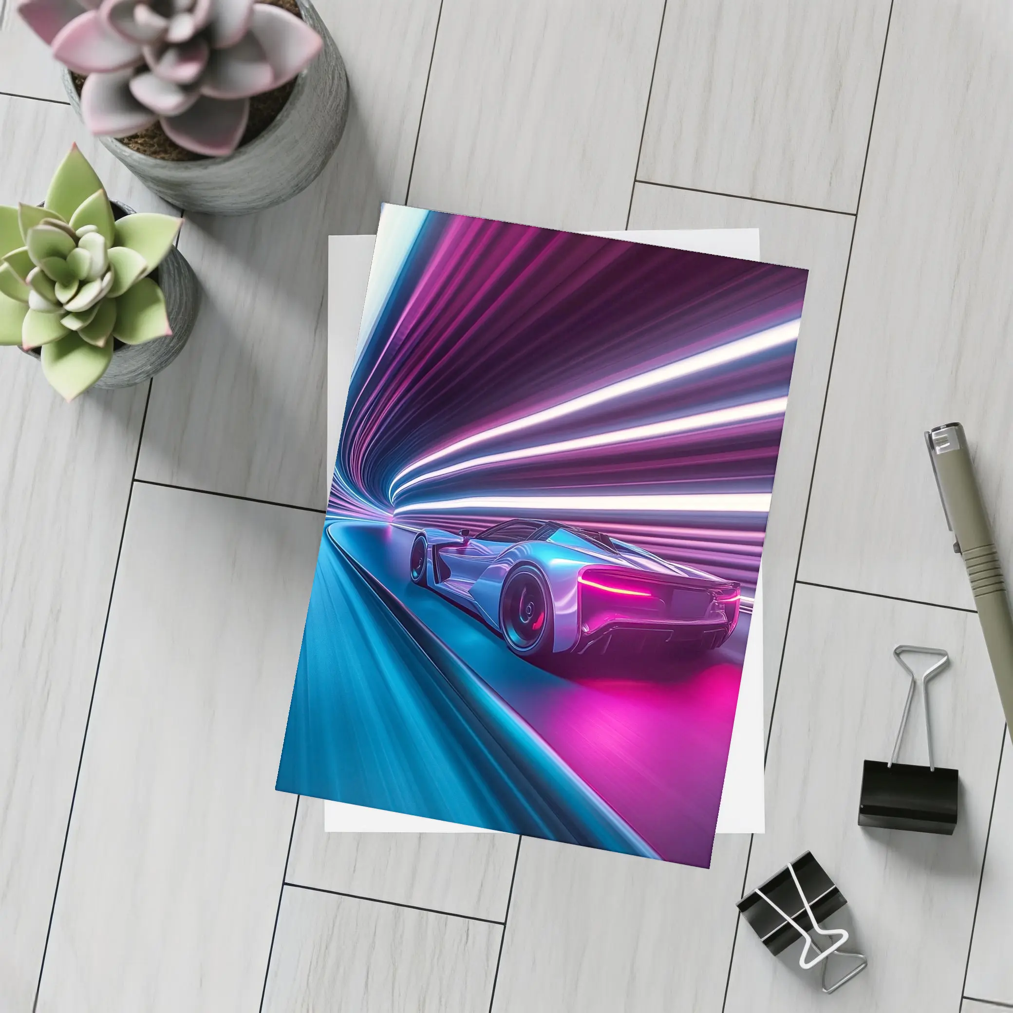 Supercar Speeding Through Neon Light Tunnel – Postcards