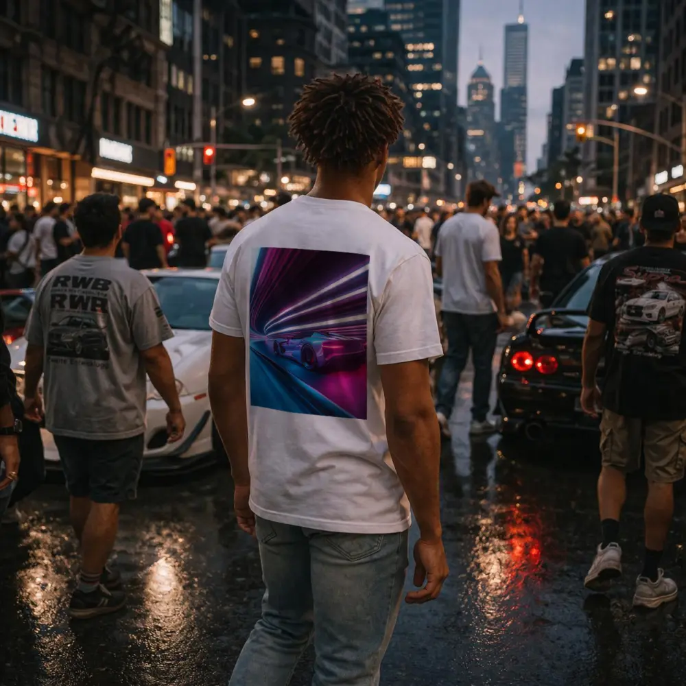 Supercar Speeding Through Neon Light Tunnel – T-Shirts