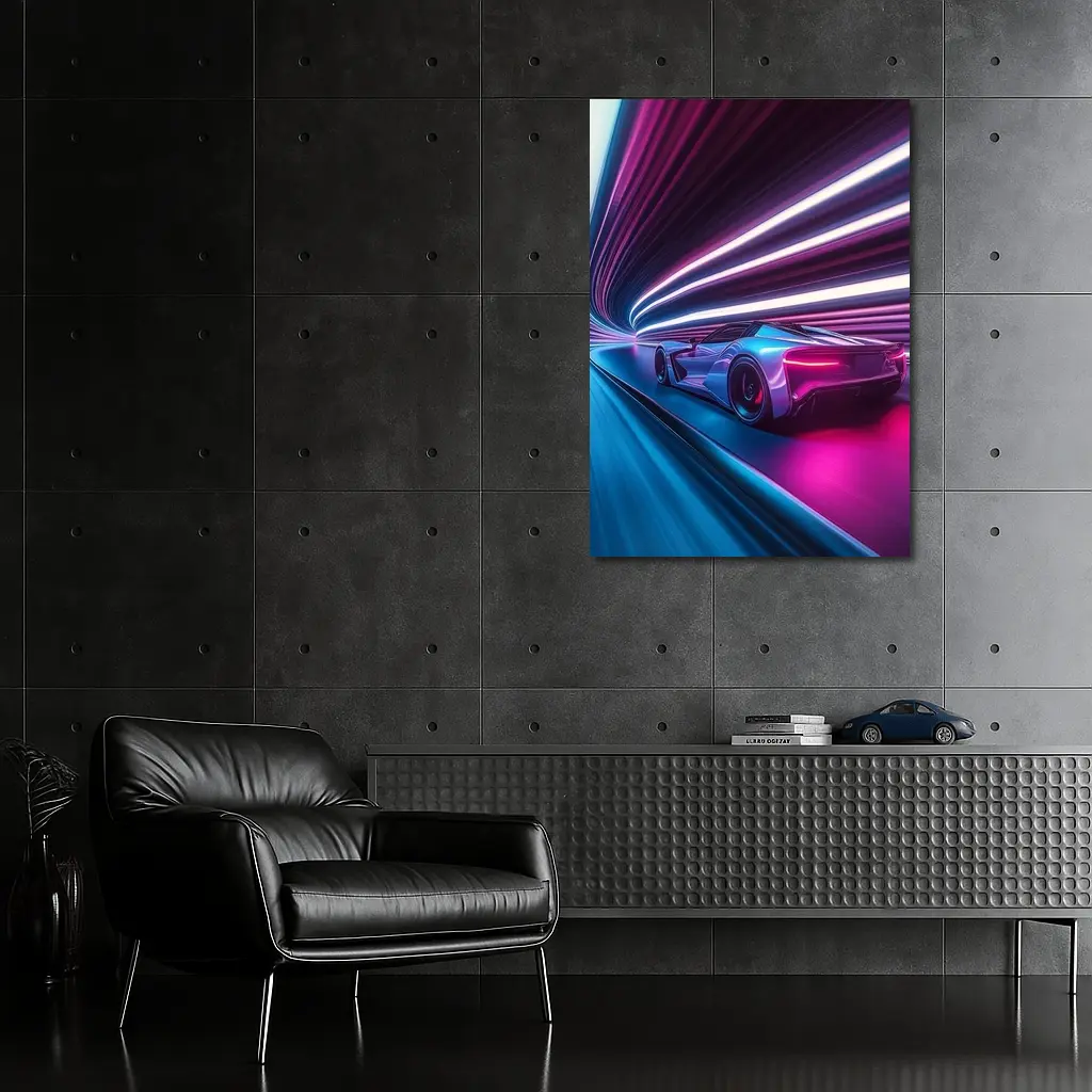 Supercar Speeding Through Neon Light Tunnel – Wall Art