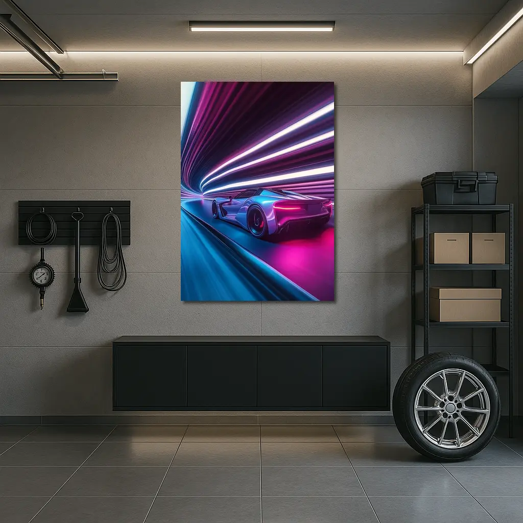 Supercar Speeding Through Neon Light Tunnel – Wall Art